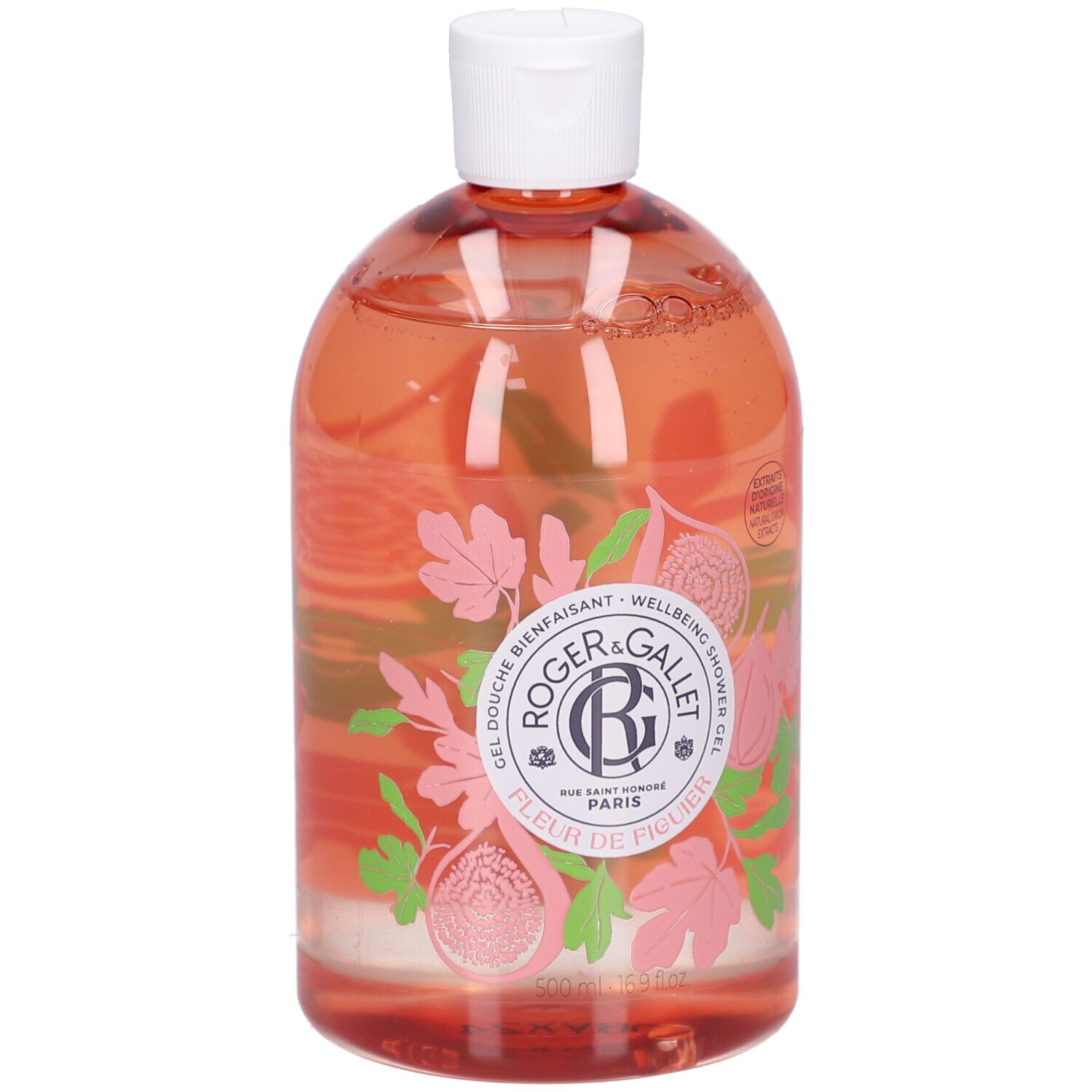 Flacon de gel douche. Liquide rose, bouchon blanc. Inscription: Roger&Gallet, Fleur de Figuier. Illustration de figues.