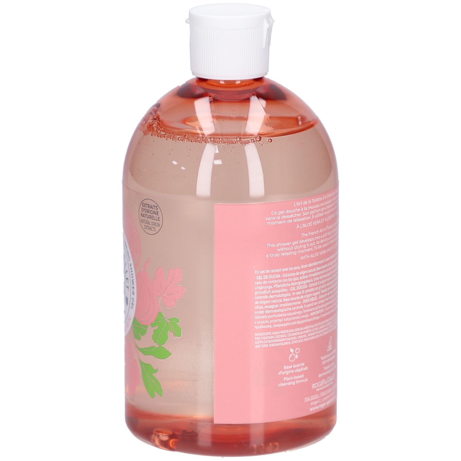 Dos du flacon de gel douche. Liquide rose. Texte sur étiquette rose. Symboles de recyclage.