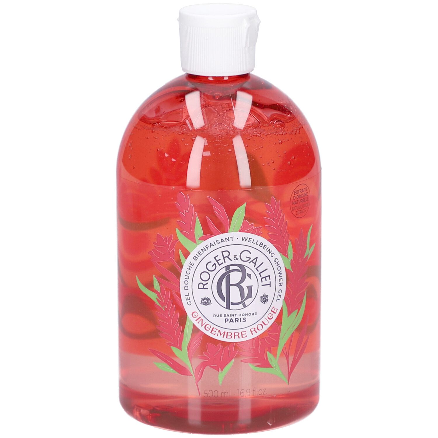 Rote Flüssigkeit in einer Flasche mit weißem Deckel. Aufschrift: Roger & Gallet, Gingembre Rouge. Floral-Design.