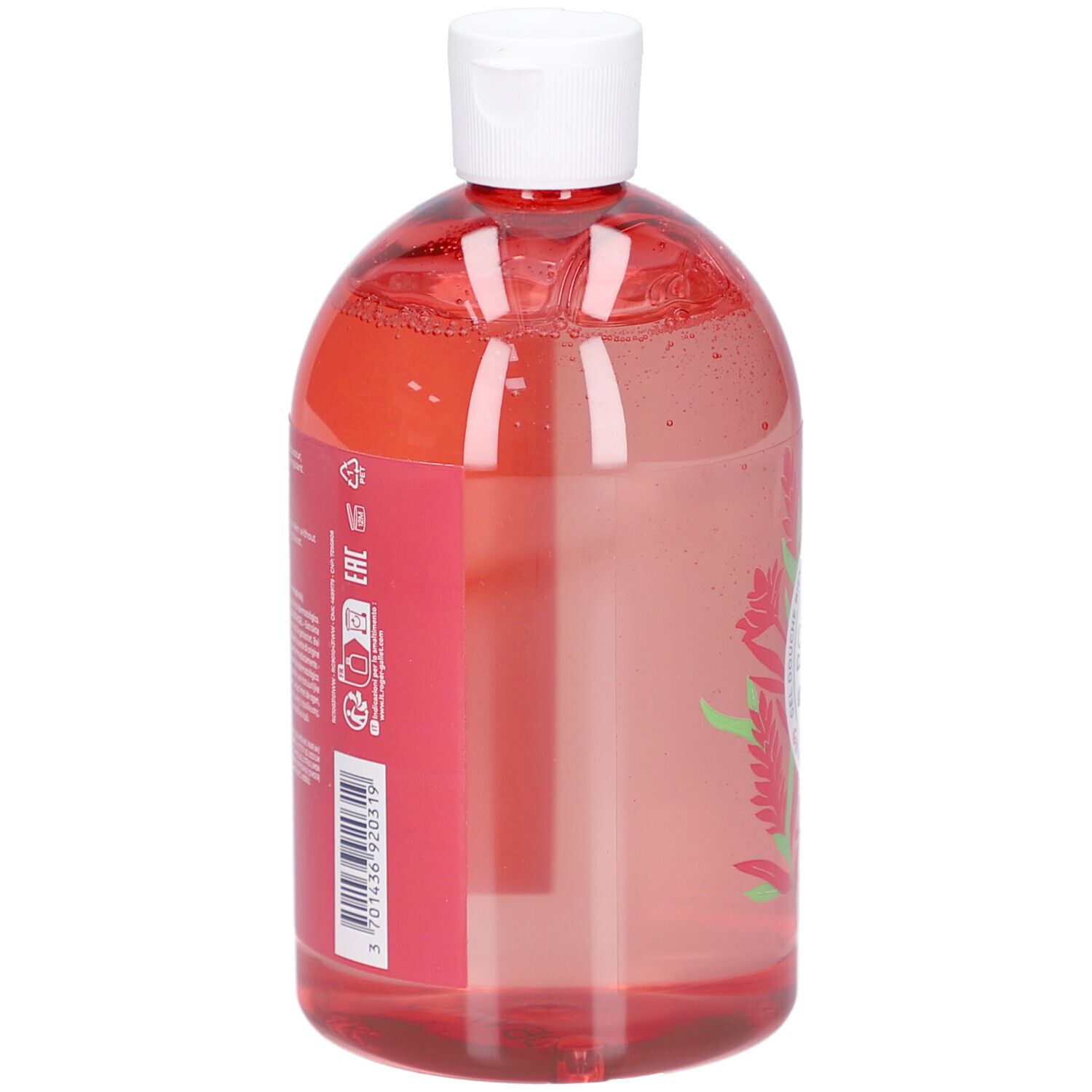 Rückseite der Flasche. Rote Flüssigkeit. Etikett mit Text und Barcode. EAN-Code.