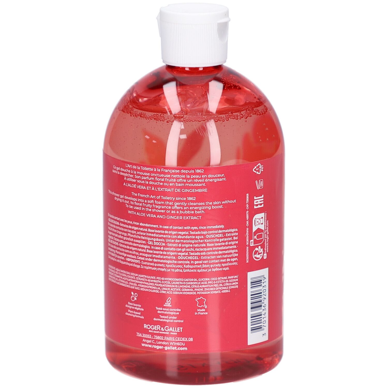 Rückseite der Flasche. Rote Flüssigkeit. Text auf Etikett. EAN-Code. Recycling-Symbole.