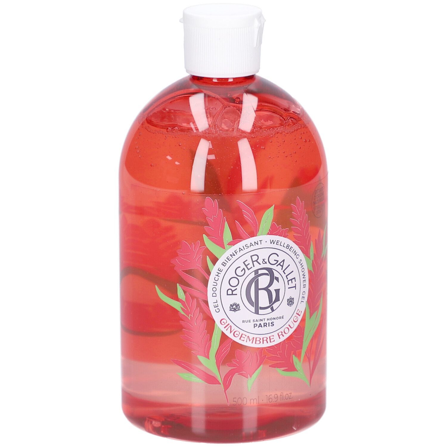 Rote Flüssigkeit in einer Flasche mit weißem Deckel. Aufschrift: Roger & Gallet, Gingembre Rouge. Floral-Design.