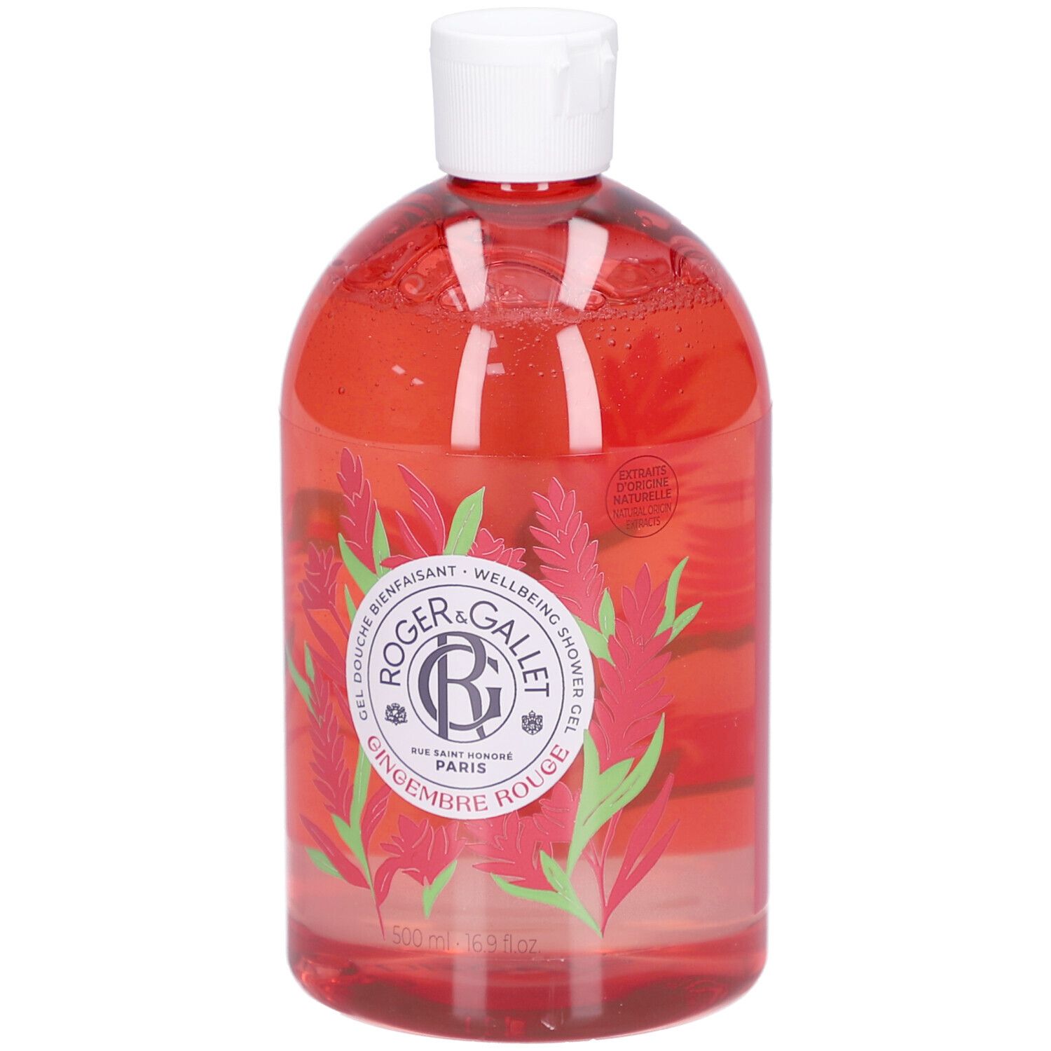 Rote Flüssigkeit in einer Flasche mit weißem Deckel. Aufschrift: Roger & Gallet, Gingembre Rouge. Floral-Design.