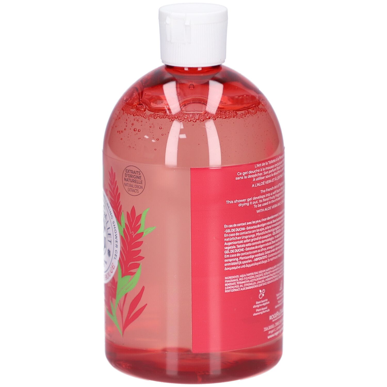 Rückseite der Flasche. Rote Flüssigkeit. Text auf Etikett. Floral-Design. Recycling-Symbole.