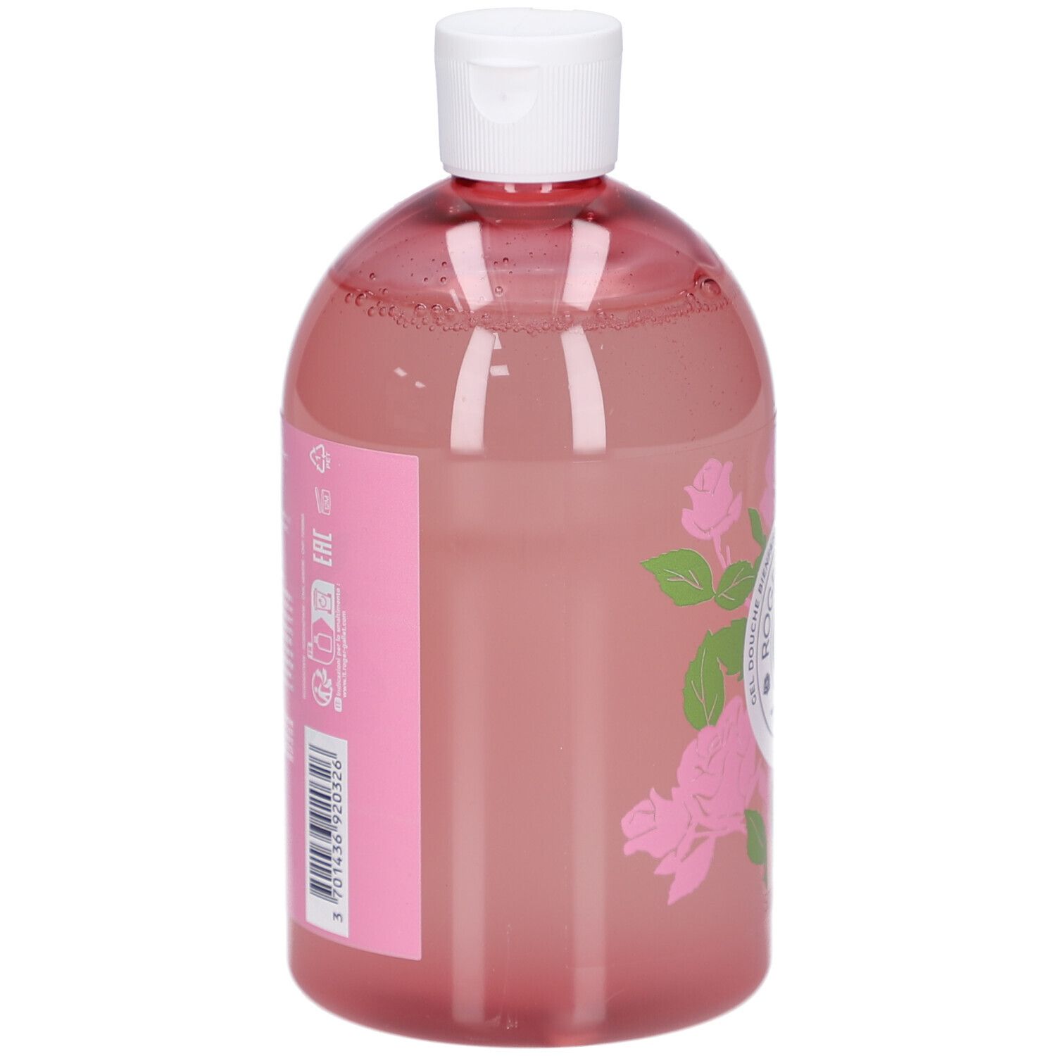 Gel douche rose avec bouchon blanc. Étiquette latérale avec texte et décor de roses.