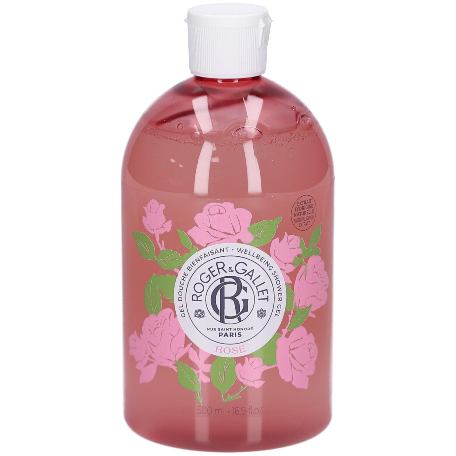 Gel douche rose avec bouchon blanc. Inscription: Roger&Gallet, Rose. Décor de roses. 500 ml.