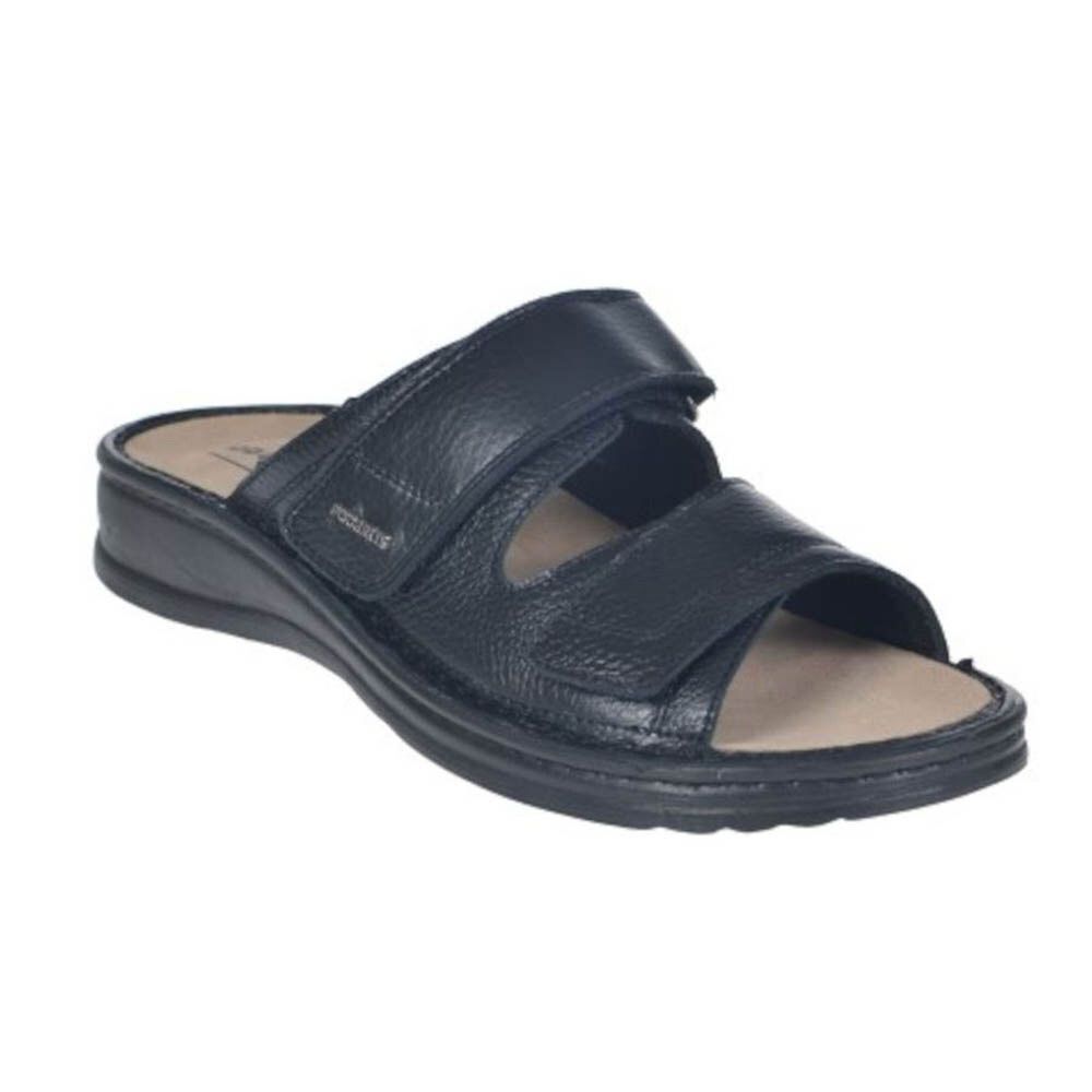 Sandale noire avec fermeture velcro. Semelle intérieure beige. Vue latérale.