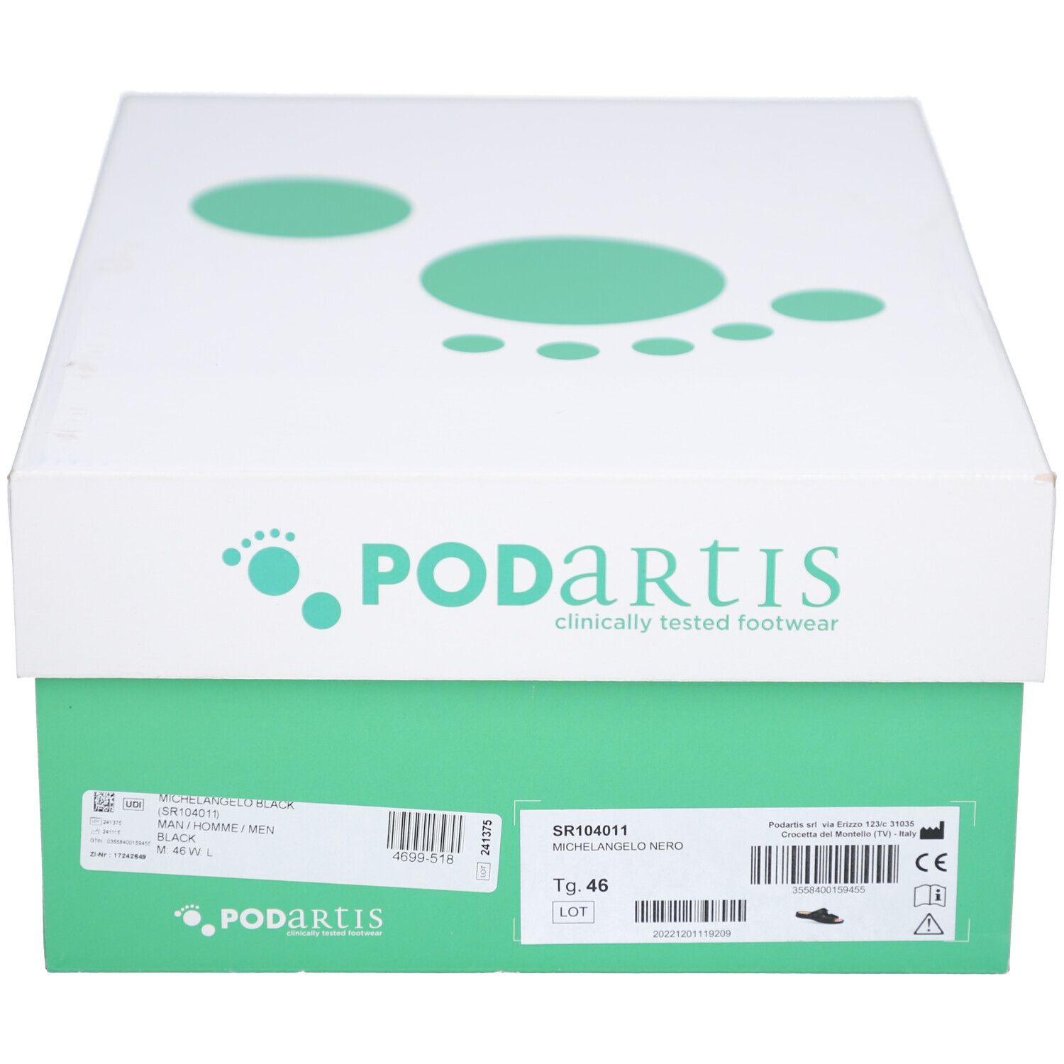 Schuhkarton mit Podartis-Logo und Produktinformationen. Grün-weiße Verpackung. Größe 46.