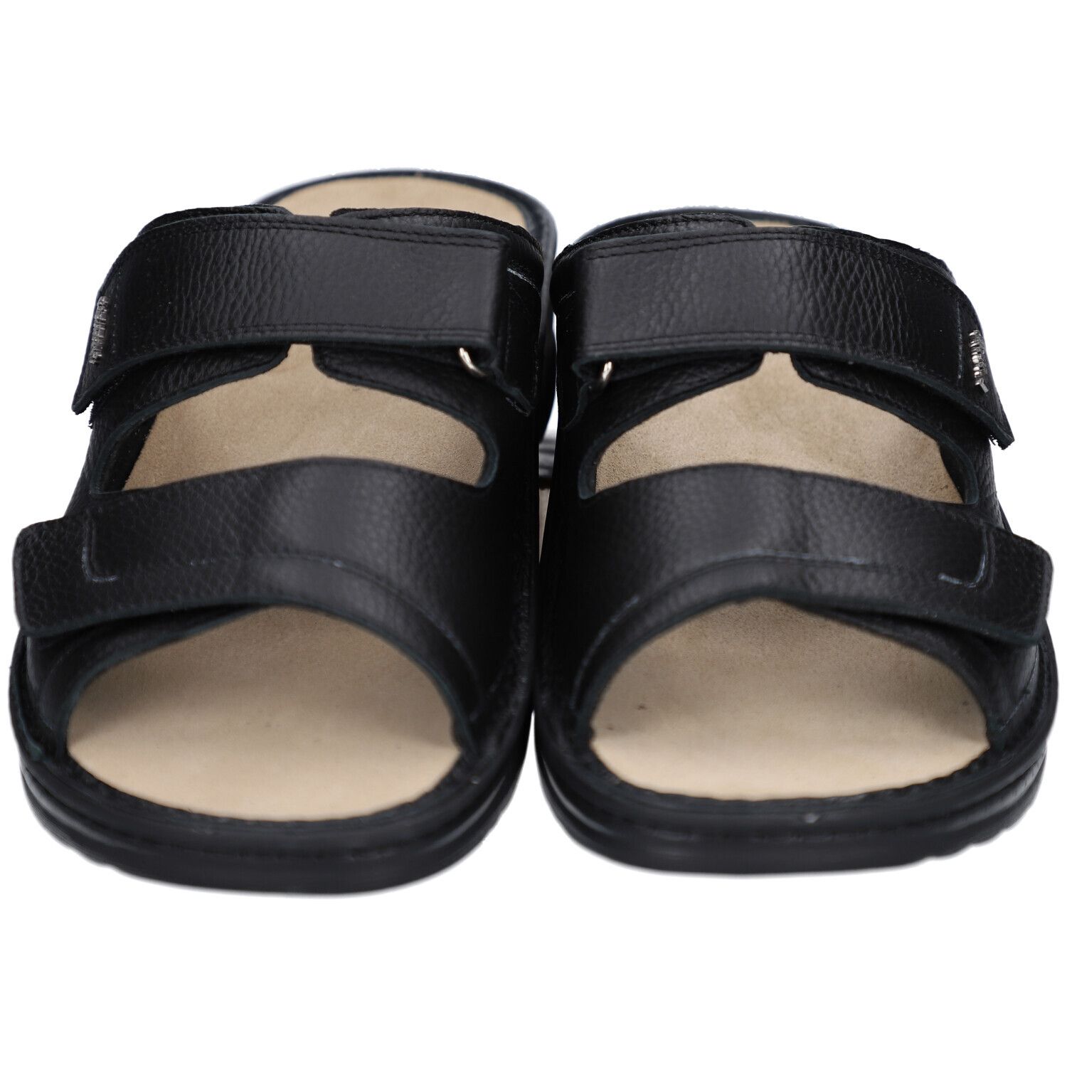 Schwarze Sandalen mit Klettverschlüssen. Innensohle beige. Blick von oben.