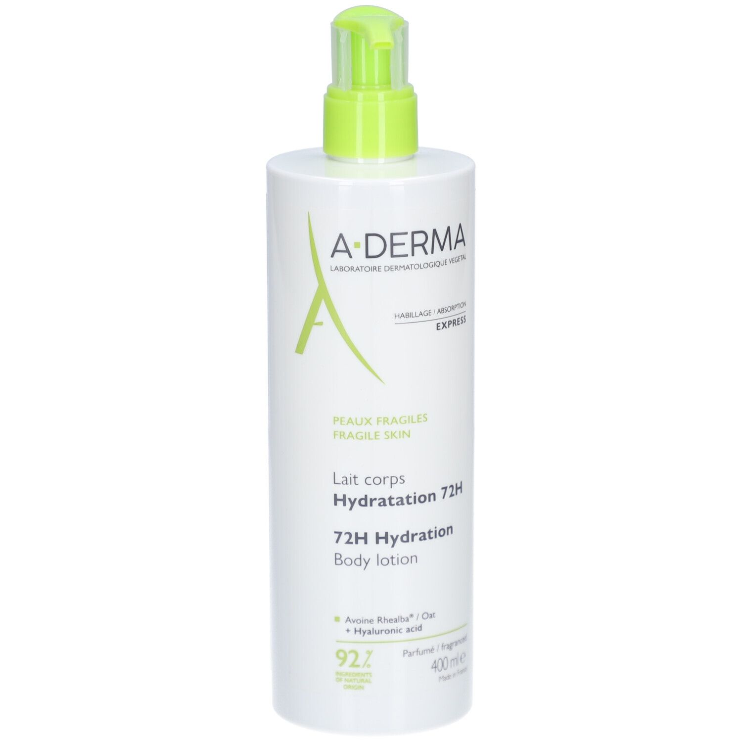 Weiße Flasche mit grünem Pumpkopf. A-Derma-Logo und Produktbezeichnung. 72H Hydratation Body Lotion.