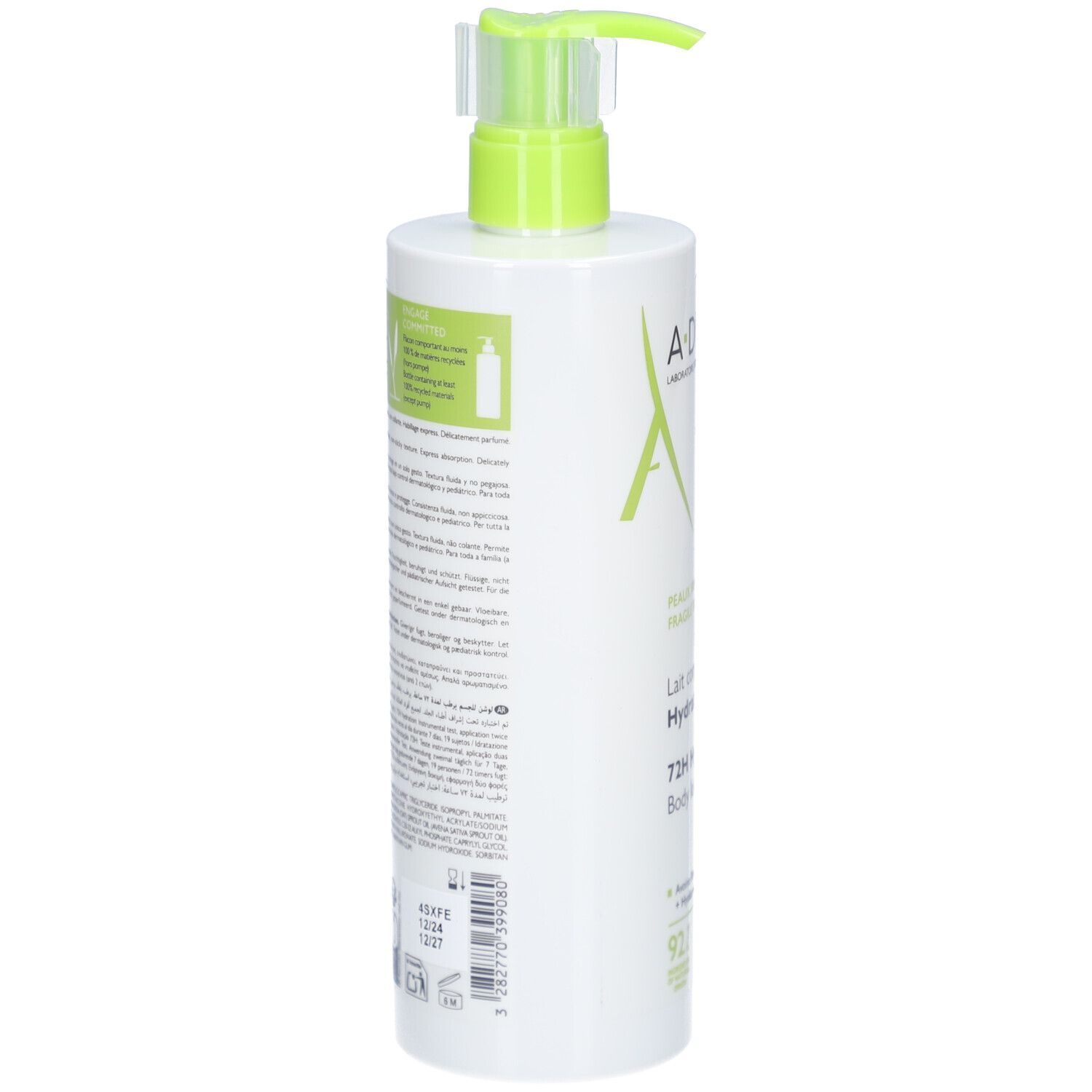 Weiße Flasche mit grünem Pumpkopf. A-Derma-Logo und Produktinformationen auf dem Etikett.