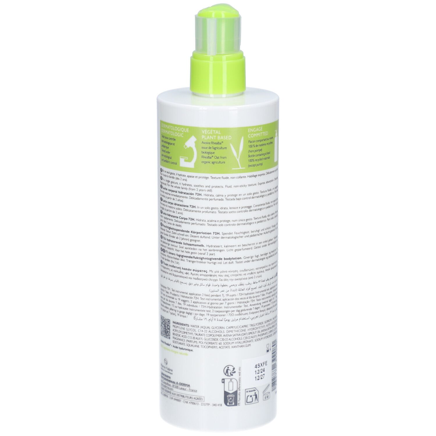 Rückseite der weißen Flasche. Textinformationen und Logos auf dem Etikett.