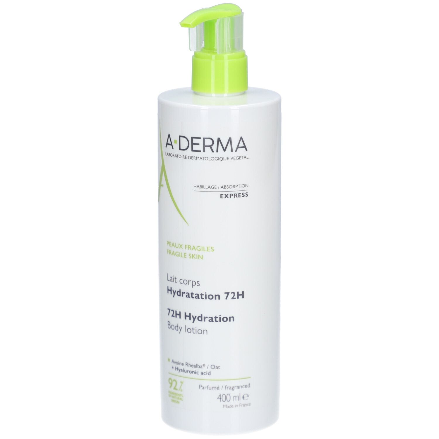 Weiße Flasche mit grünem Pumpkopf. A-Derma-Logo und Produktbezeichnung auf dem Etikett.