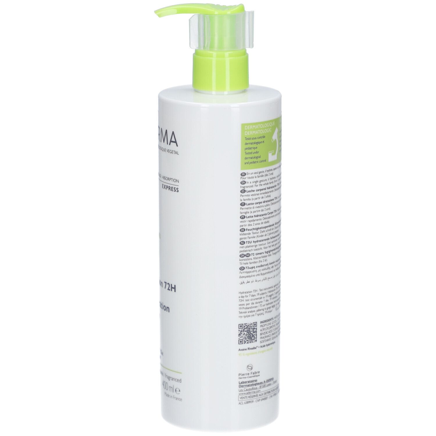 Weiße Flasche mit grünem Pumpkopf. A-Derma-Logo und Produktbezeichnung auf dem Etikett.