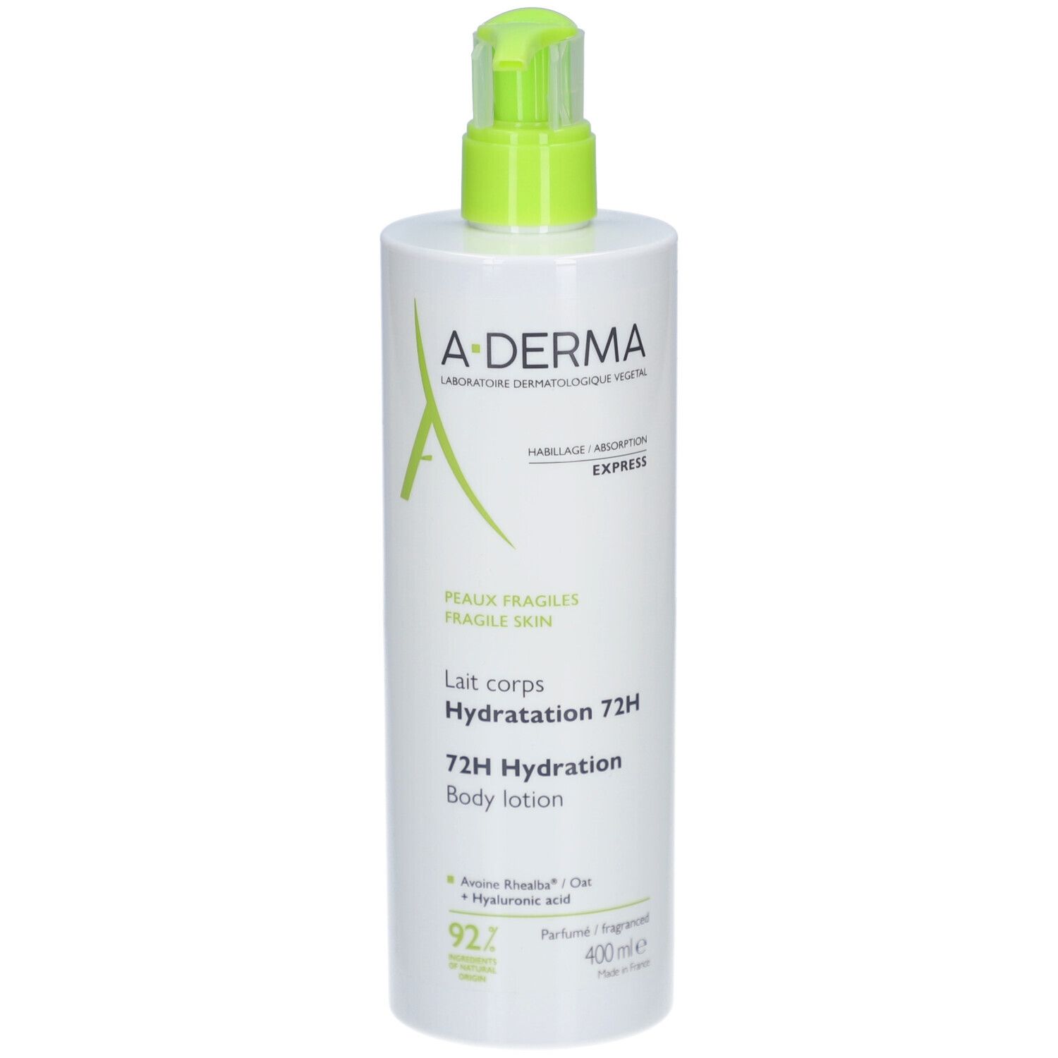 Weiße Flasche mit grünem Pumpkopf. A-Derma-Logo und Produktbezeichnung. 72H Hydratation Body Lotion.