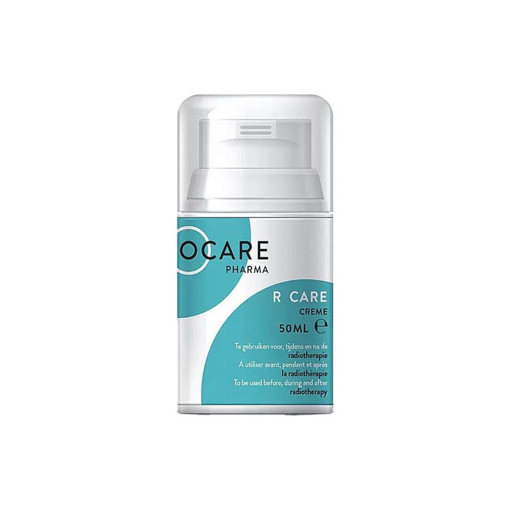 Ocare Pharma R Care Creme. Flacon blanc avec pompe doseuse et étiquette bleue. Texte: 50ml, avant, pendant et après radiothérapie.
