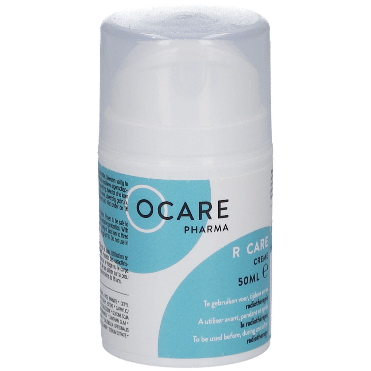 Ocare Pharma R Care Creme. Weiße Flasche mit blauem Etikett. Text: 50ml, vor, während und nach Strahlentherapie.