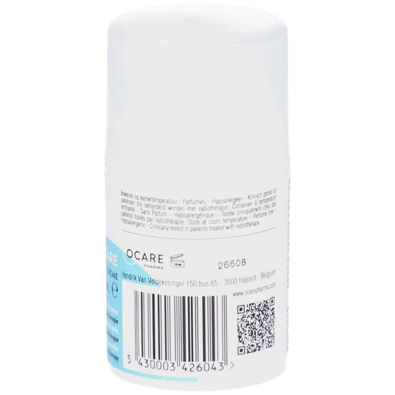 Rückseite der Ocare Pharma R Care Creme Flasche. Text: Hypoallergen, klinisch getestet bei Strahlentherapie. Barcode und QR-Code.