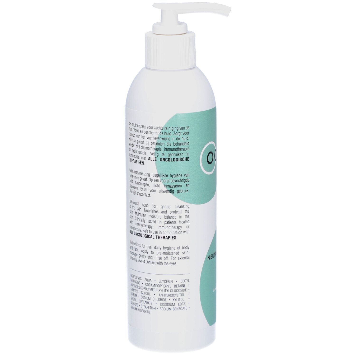 Rückseite der weißen Flasche. Ocare Pharma, G Care. Text in Deutsch und Englisch. Für onkologische Therapie.