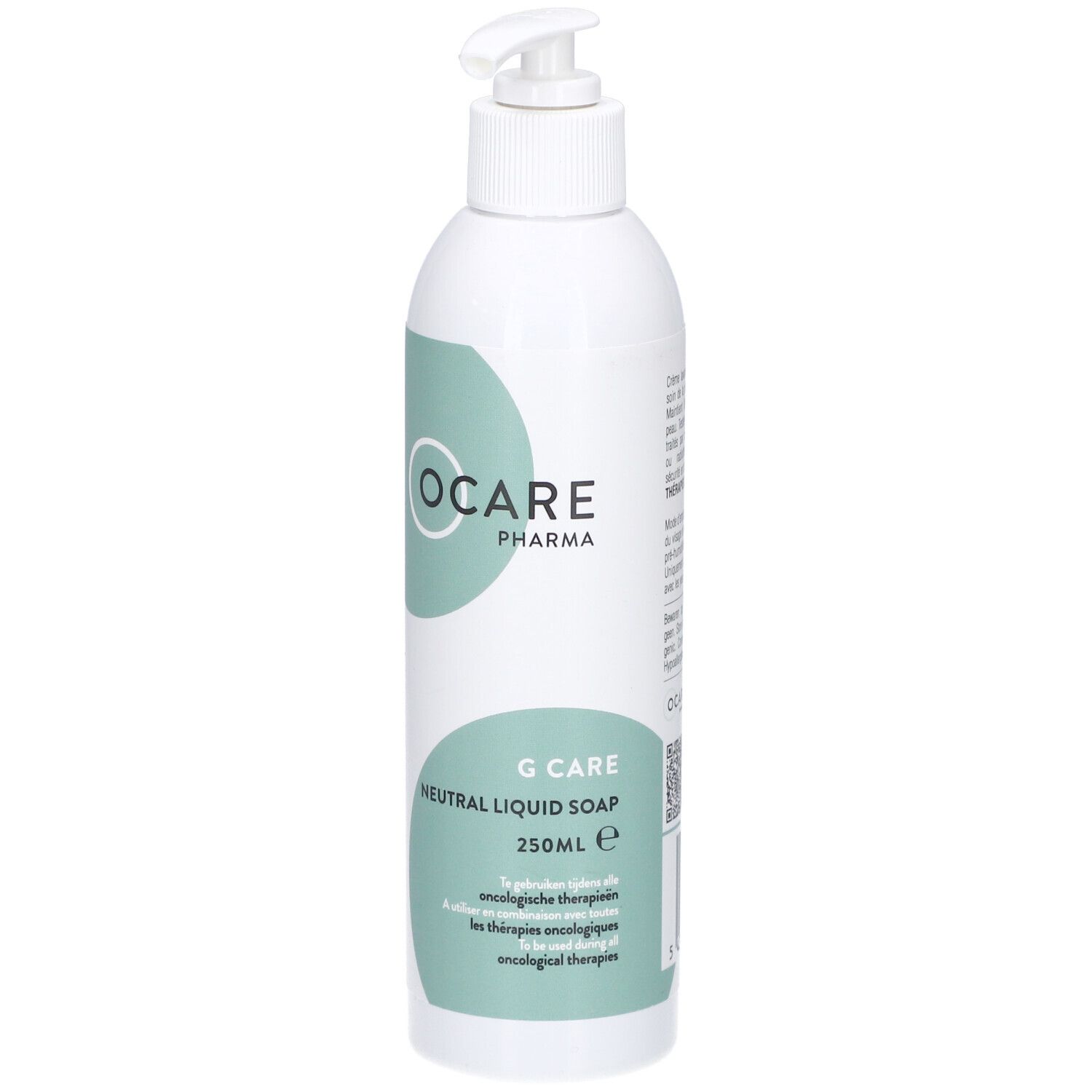 Weiße Flasche mit Spender. Ocare Pharma, G Care Neutral Flüssigseife. 250ml. Für onkologische Therapie.