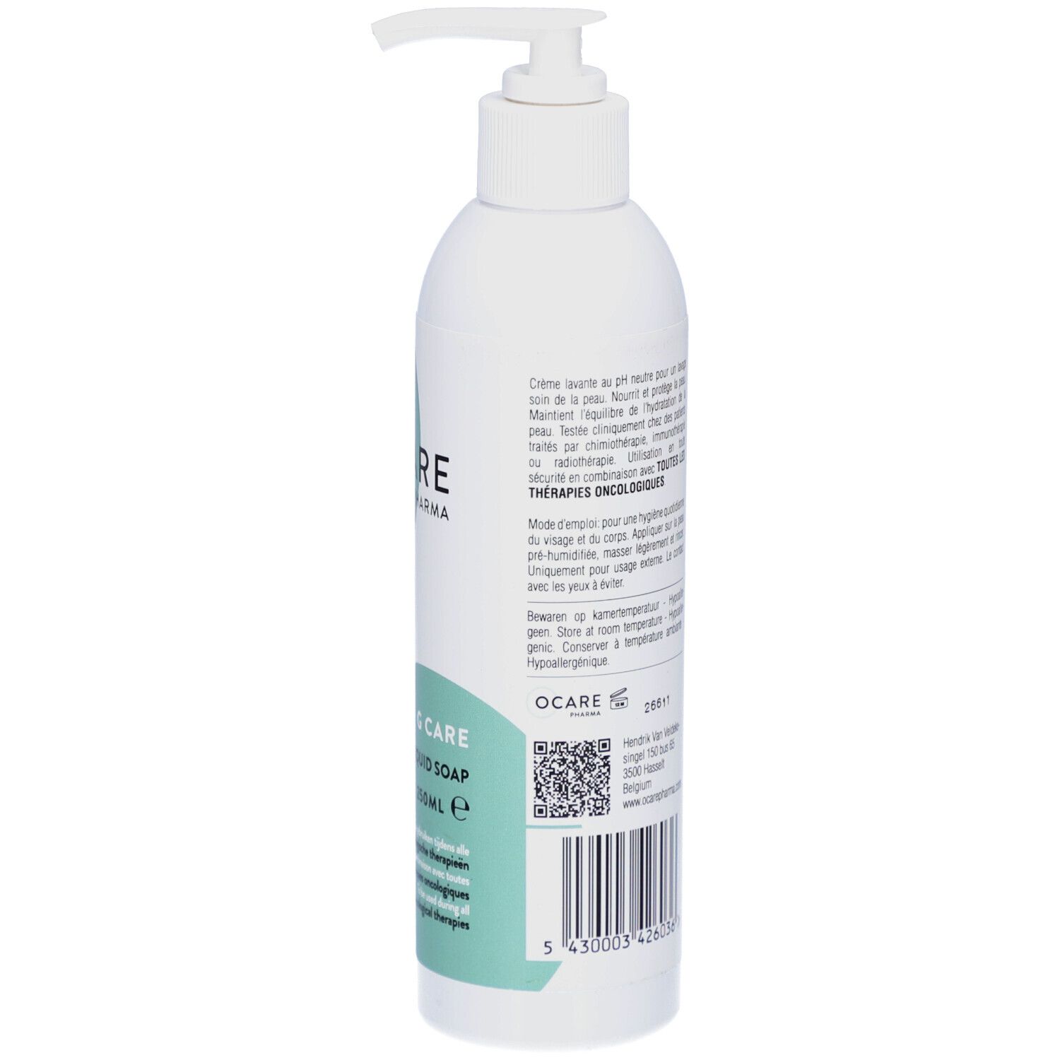 Rückseite der weißen Flasche. Ocare Pharma, G Care. Text in Deutsch und Englisch. Für onkologische Therapie.