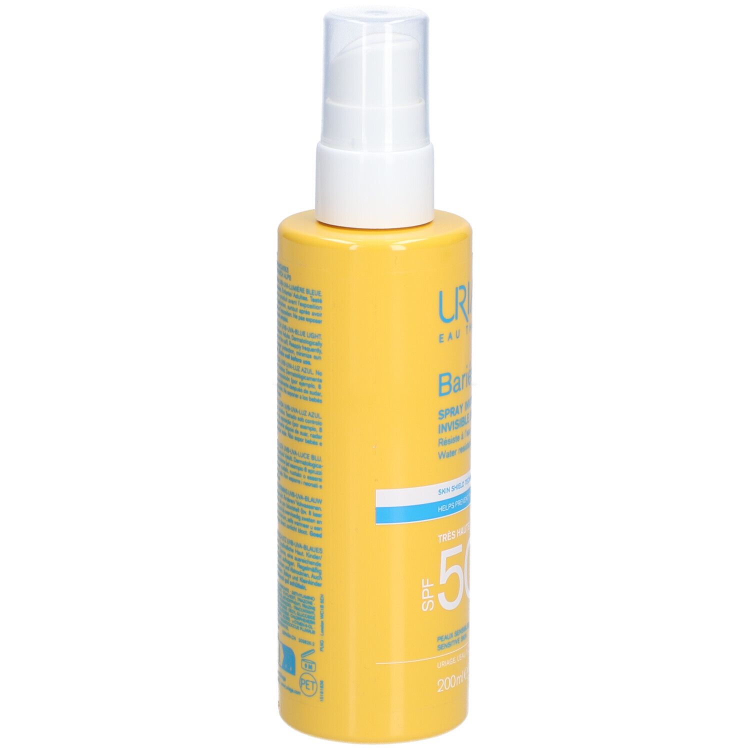 Gelbe Flasche mit weißem Sprühkopf. Uriage Bariésun Spray Invisible SPF50+ mit Text und Logos. Rückseite mit Text.