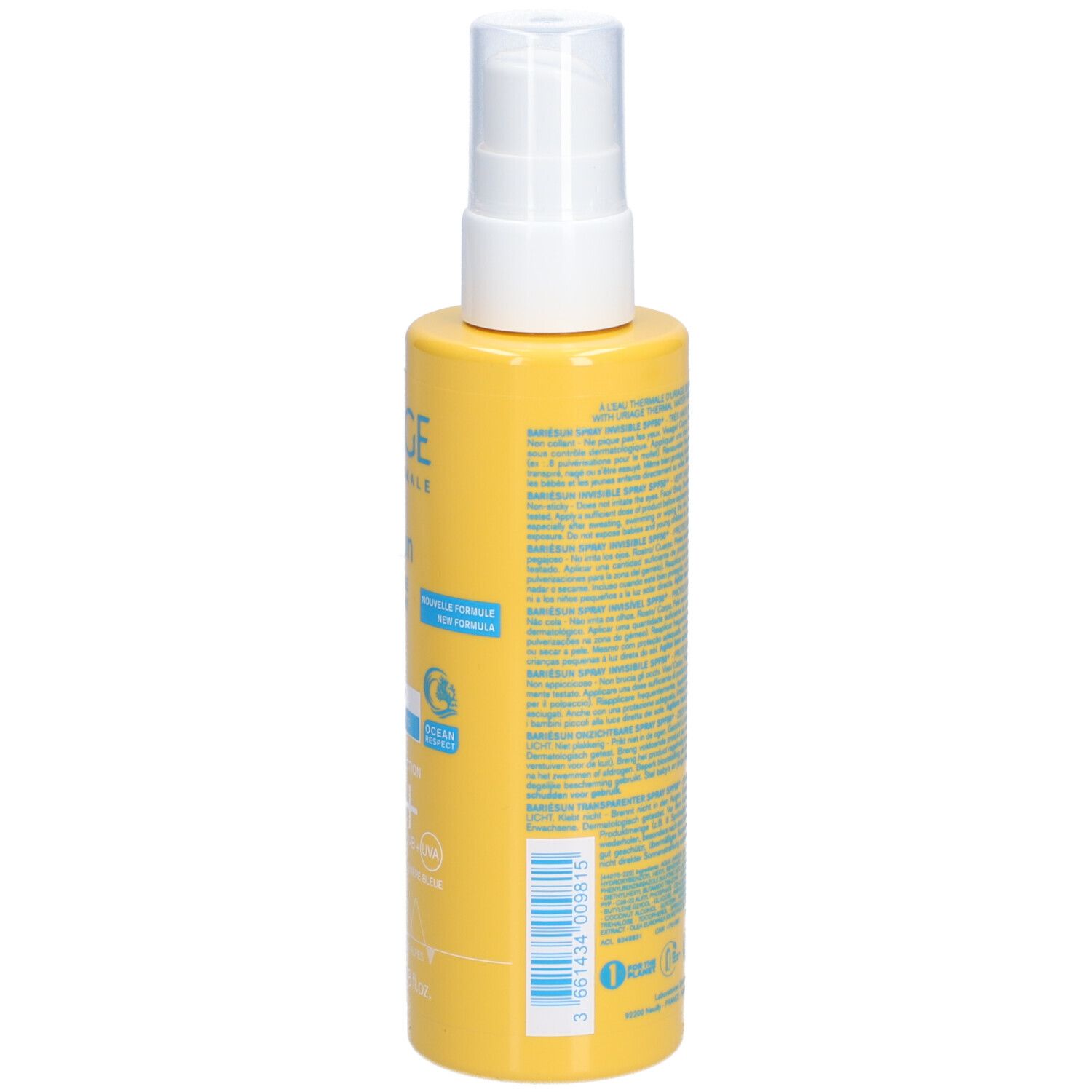 Gelbe Flasche mit weißem Sprühkopf. Uriage Bariésun Spray Invisible SPF50+ mit Text und Logos. Rückseite mit Text.