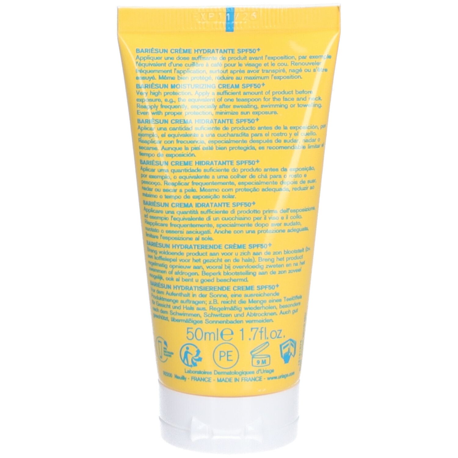 Rückseite der gelben Uriage Bariésun Tube. Text in mehreren Sprachen. 50ml. Hergestellt in Frankreich.