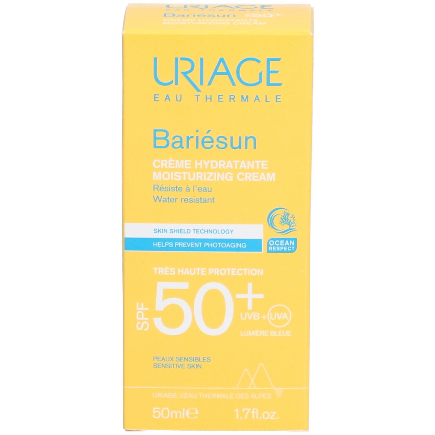Gelbe Schachtel Uriage Bariésun Creme. SPF 50+. Text und Logos. 50ml. Ocean Respect.