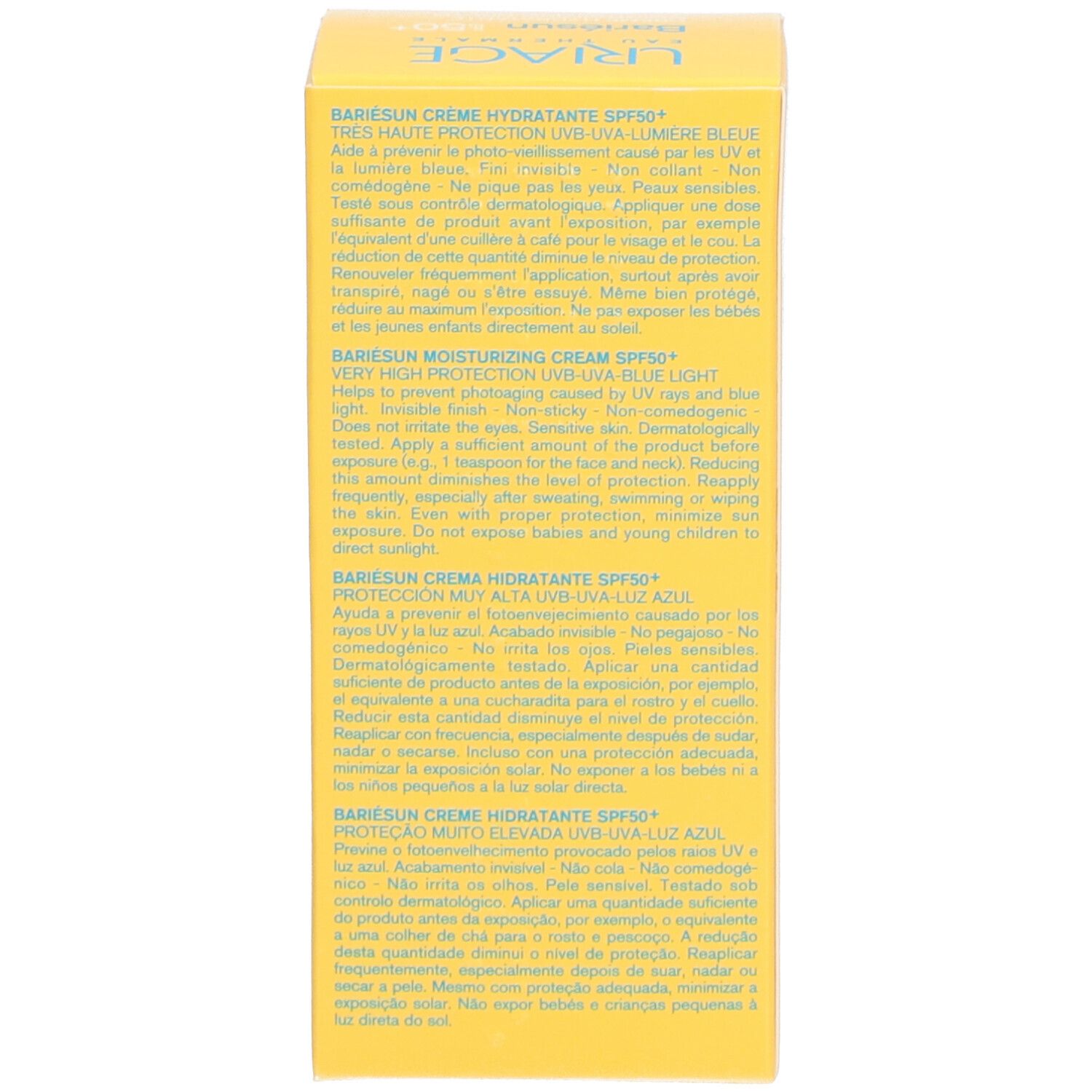 Seite der gelben Uriage Bariésun Schachtel. Text in mehreren Sprachen. SPF 50+. Blaulicht.