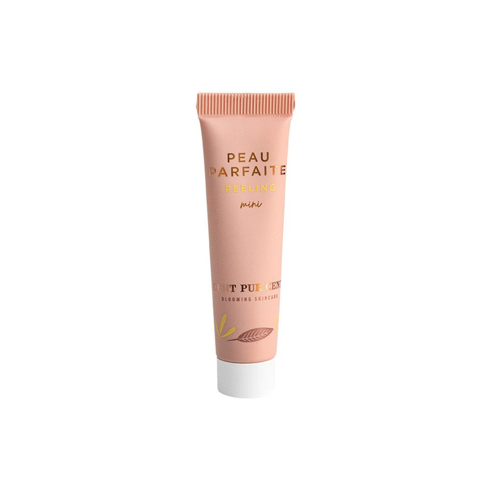 Tube rose avec texte doré: PEAU PARFAITE PEELING mini. CENT PUR CENT Blooming Skincare.