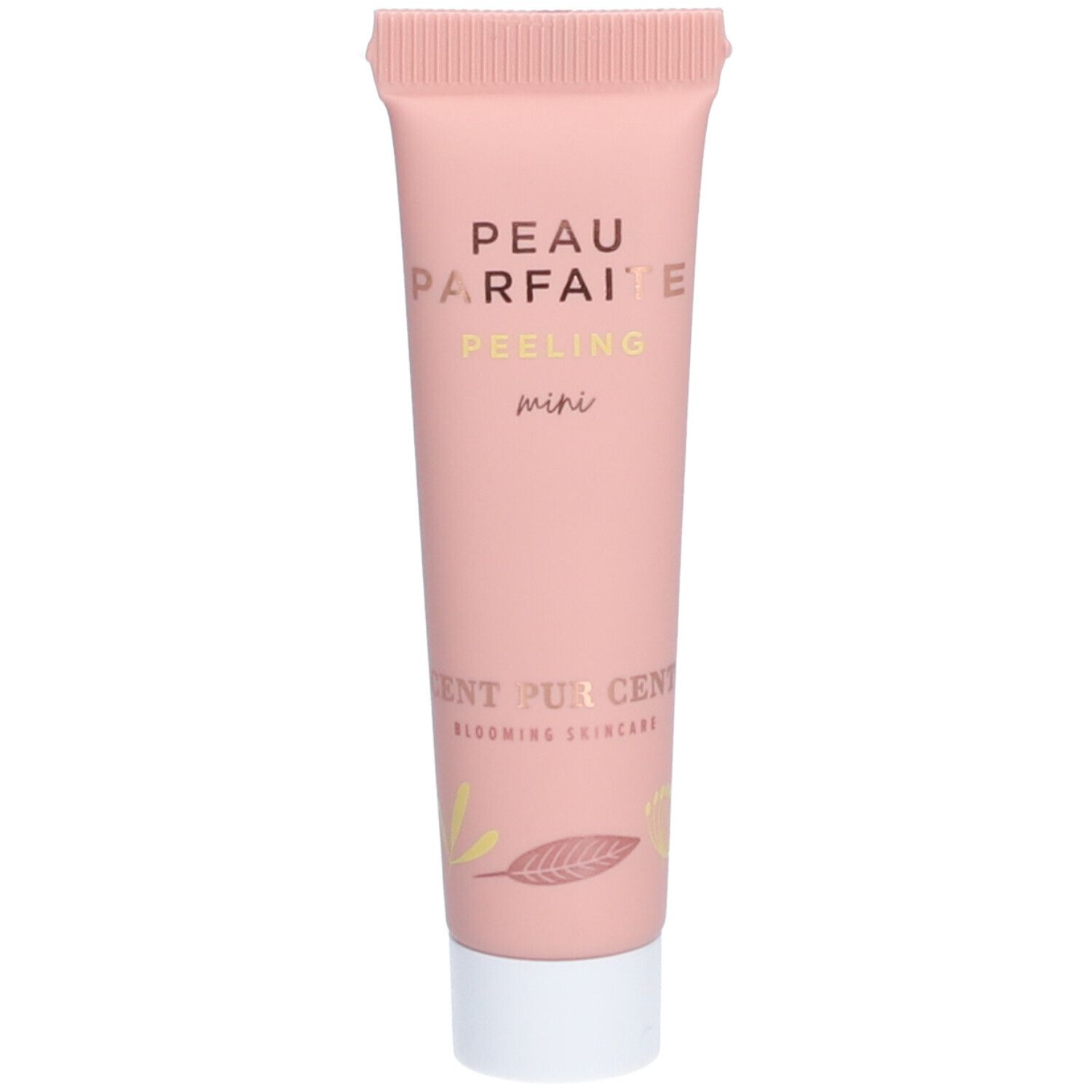 Rosa Tube mit goldfarbenem Text: PEAU PARFAITE PEELING mini. CENT PUR CENT Blooming Skincare.