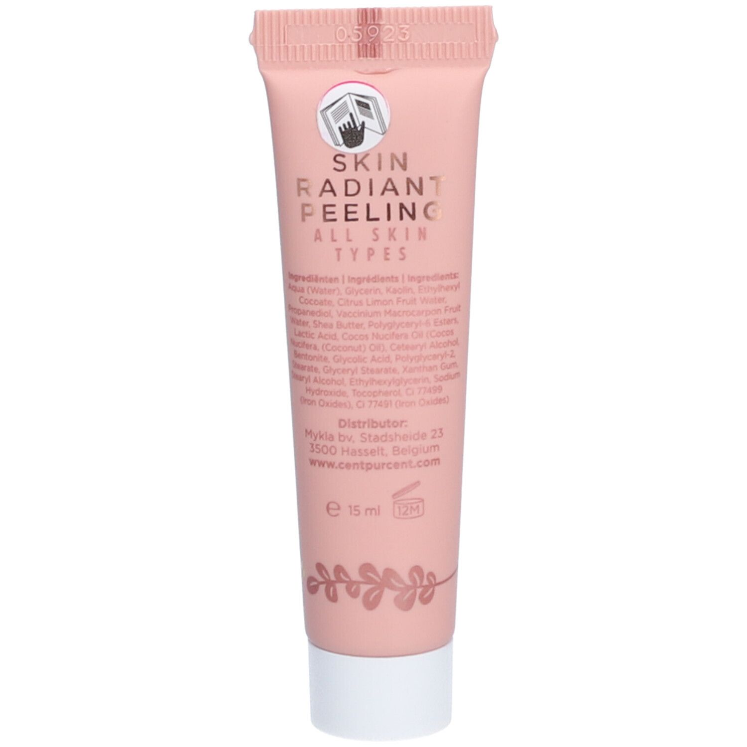 Rosa Tube mit Text und Inhaltsstoffen. SKIN RADIANT FEELING ALL SKIN TYPES. CENT PUR CENT. 15 ml.