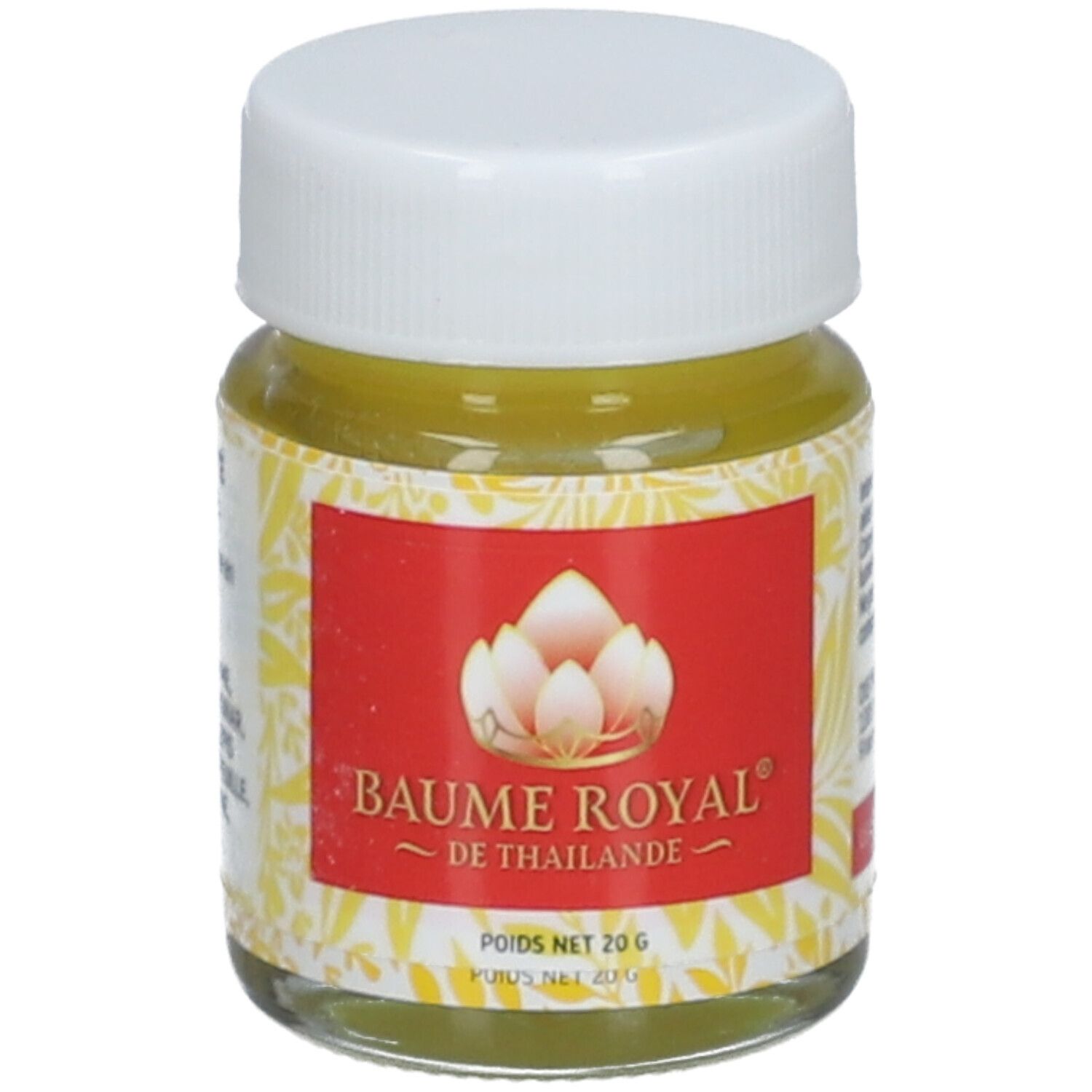 Pot en verre avec contenu jaune et couvercle blanc. Étiquette rouge avec nom du produit et logo.