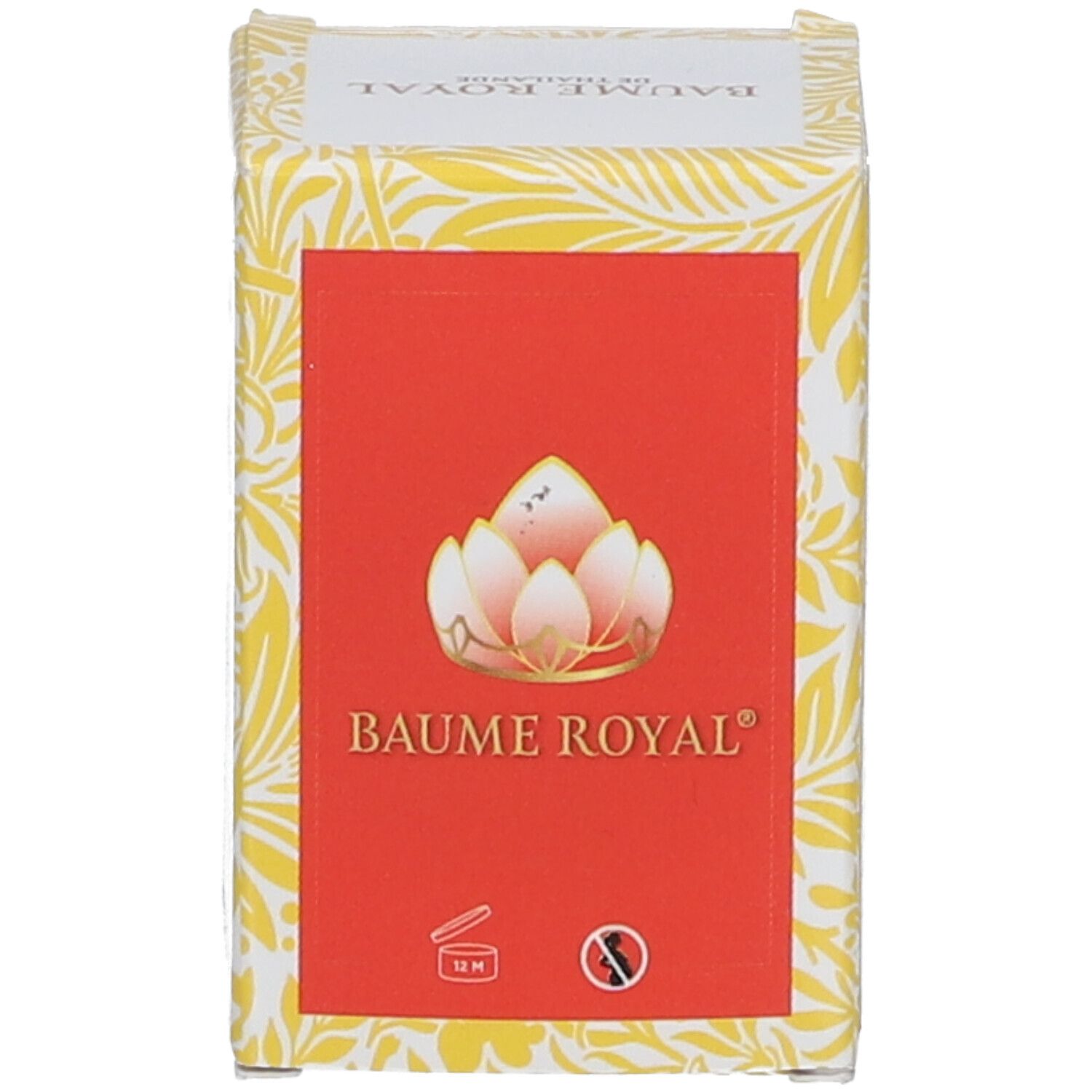 Boîte rectangulaire avec étiquette rouge et logo du produit. Motif jaune.