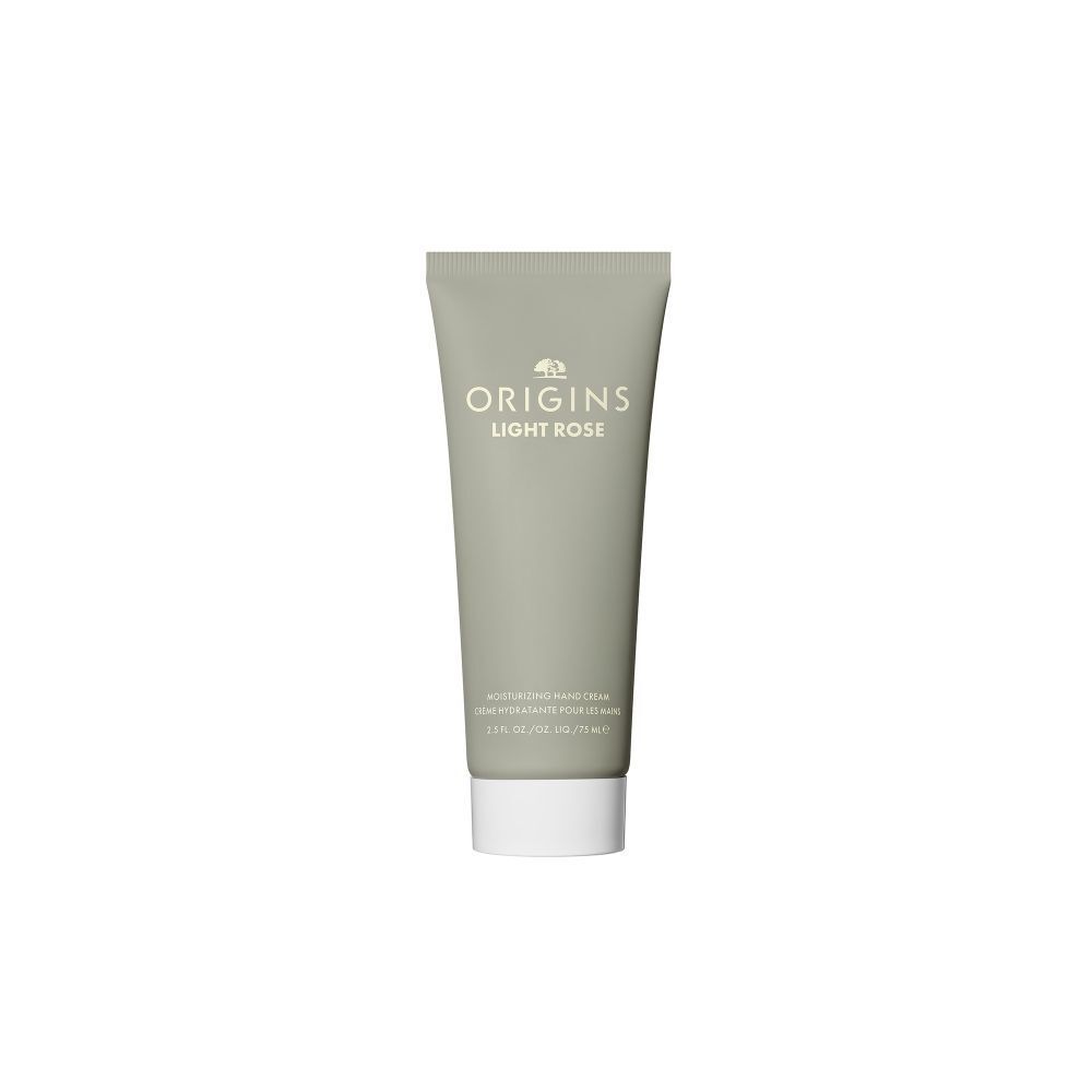 Creme-Tube, hellgrau, mit weißem Verschluss. Aufschrift: ORIGINS LIGHT ROSE. Produktname und Logo.