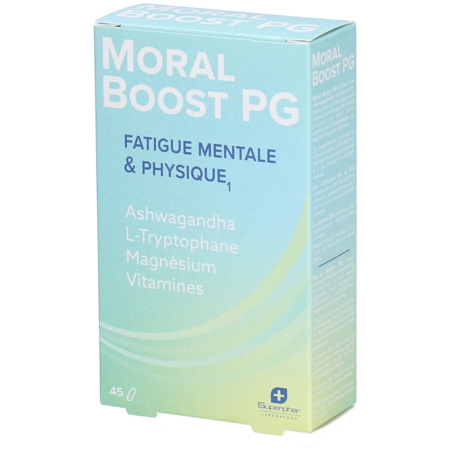 Hellblaue Schachtel mit "MORAL BOOST PG". Enthält Ashwagandha, L-Tryptophan, Magnesium, Vitamine. 45 Tabletten. Superphar Logo.