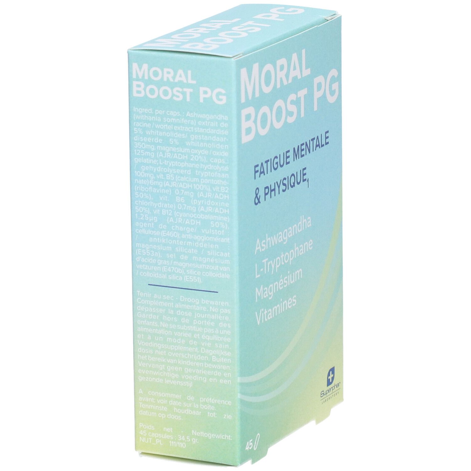 Hellblaue Schachtel mit "MORAL BOOST PG". Enthält Ashwagandha, L-Tryptophan, Magnesium, Vitamine. 45 Tabletten. Superphar Logo.