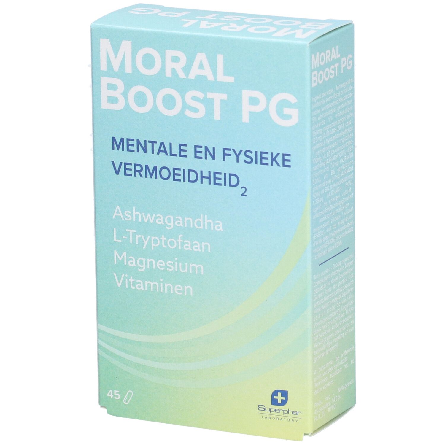 Hellblaue Schachtel mit "MORAL BOOST PG". Enthält Ashwagandha, L-Tryptophan, Magnesium, Vitamine. 45 Tabletten. Superphar Logo.