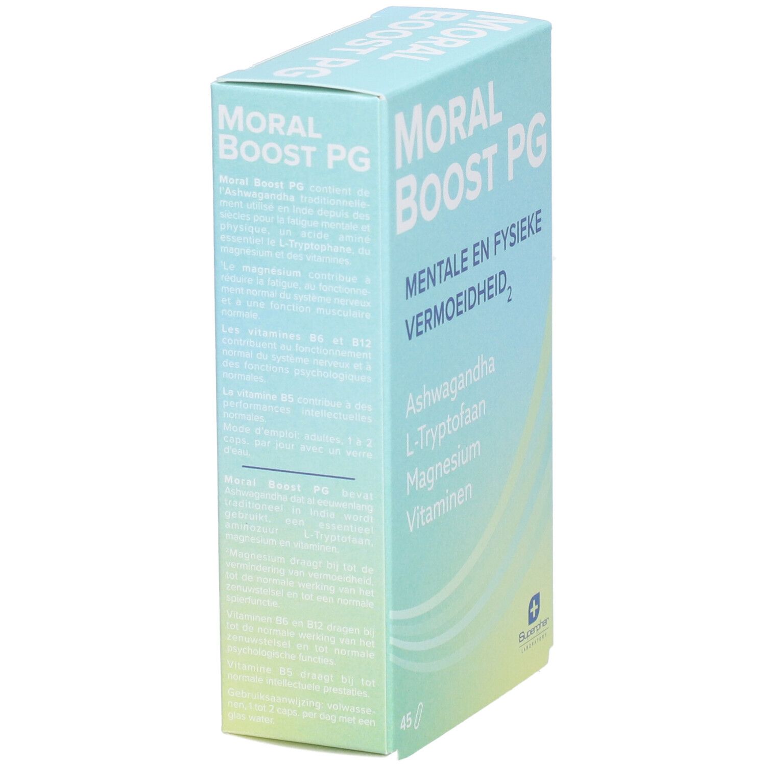 Hellblaue Schachtel mit "MORAL BOOST PG". Enthält Ashwagandha, L-Tryptophan, Magnesium, Vitamine. 45 Tabletten. Superphar Logo.