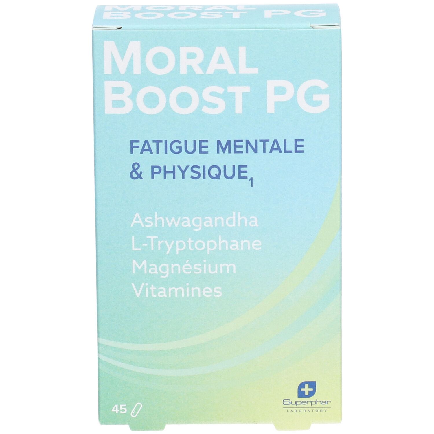 Hellblaue Schachtel mit "MORAL BOOST PG". Enthält Ashwagandha, L-Tryptophan, Magnesium, Vitamine. 45 Tabletten. Superphar Logo.