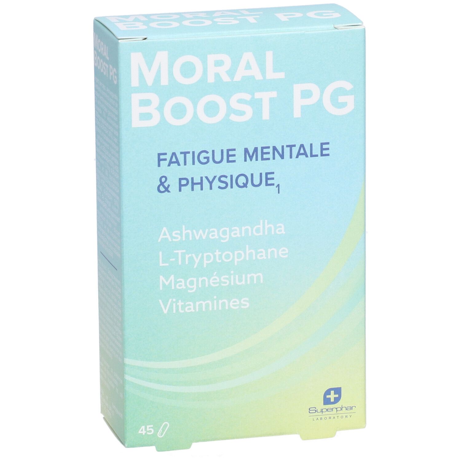Hellblaue Schachtel mit "MORAL BOOST PG". Enthält Ashwagandha, L-Tryptophan, Magnesium, Vitamine. 45 Tabletten. Superphar Logo.