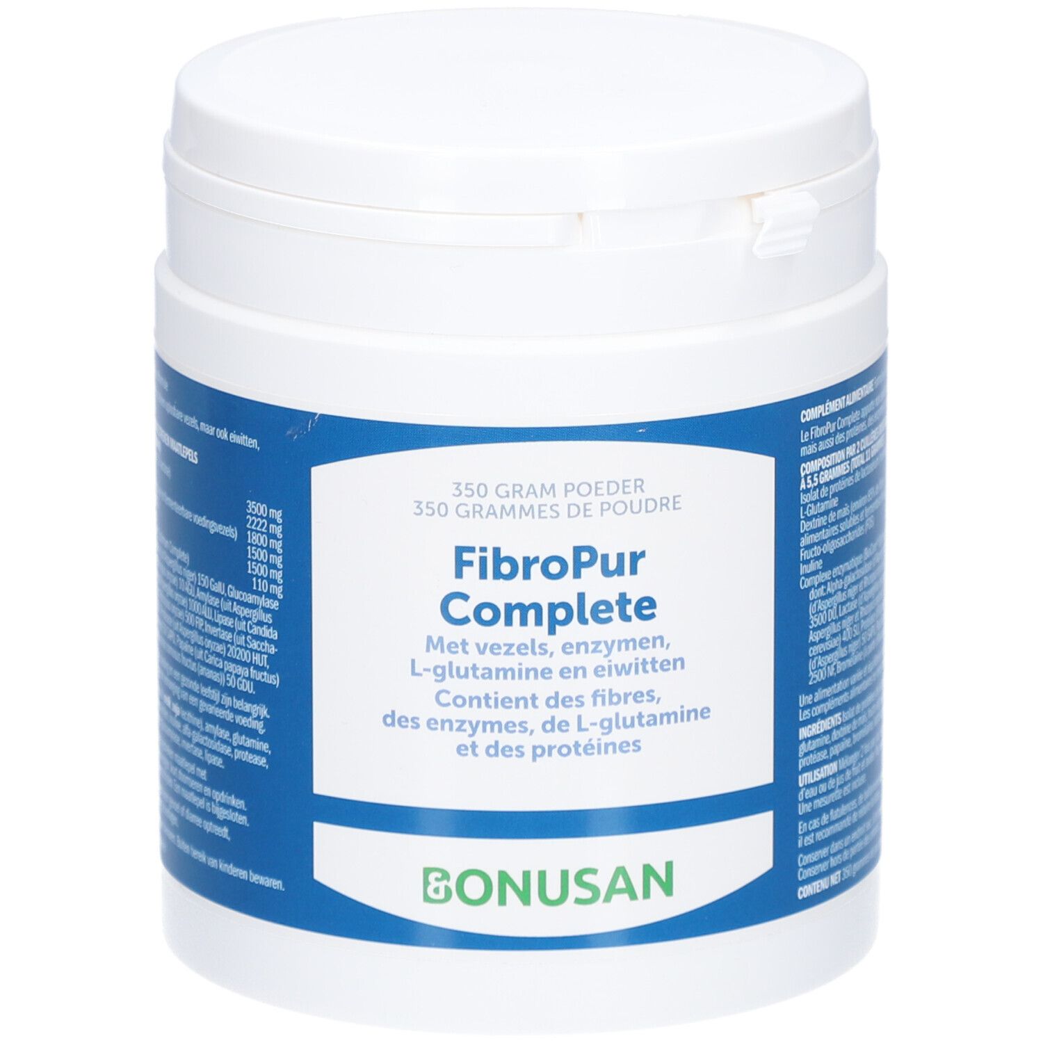Weißer Behälter mit blauem Etikett. Aufschrift: FibroPur Complete, Bonusan. Enthält Pulver. 350 Gramm.