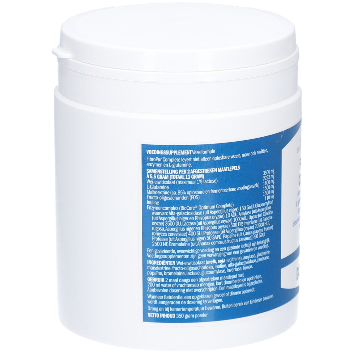 Rückseite des weißen Behälters mit blauem Etikett. Enthält Produktinformationen und Inhaltsstoffe.