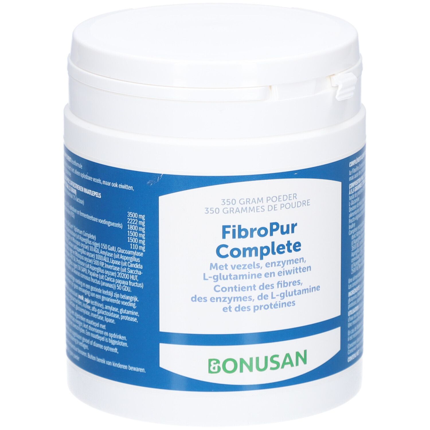 Weißer Behälter mit blauem Etikett. Aufschrift: FibroPur Complete, Bonusan. Enthält Pulver. 350 Gramm.