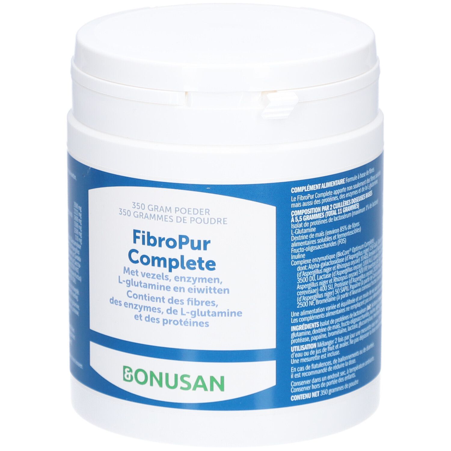 Weißer Behälter mit blauem Etikett. Aufschrift: FibroPur Complete, Bonusan. Enthält Pulver. 350 Gramm.