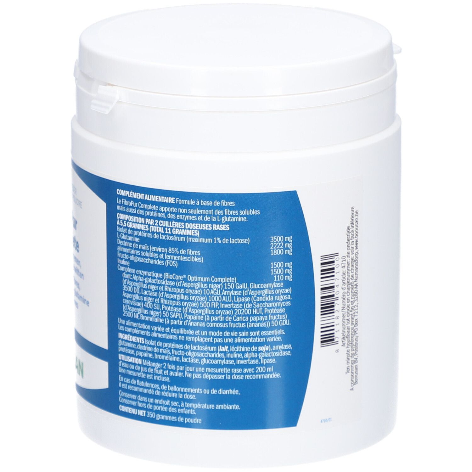 Rückseite des weißen Behälters mit blauem Etikett. Enthält Produktinformationen und Inhaltsstoffe.