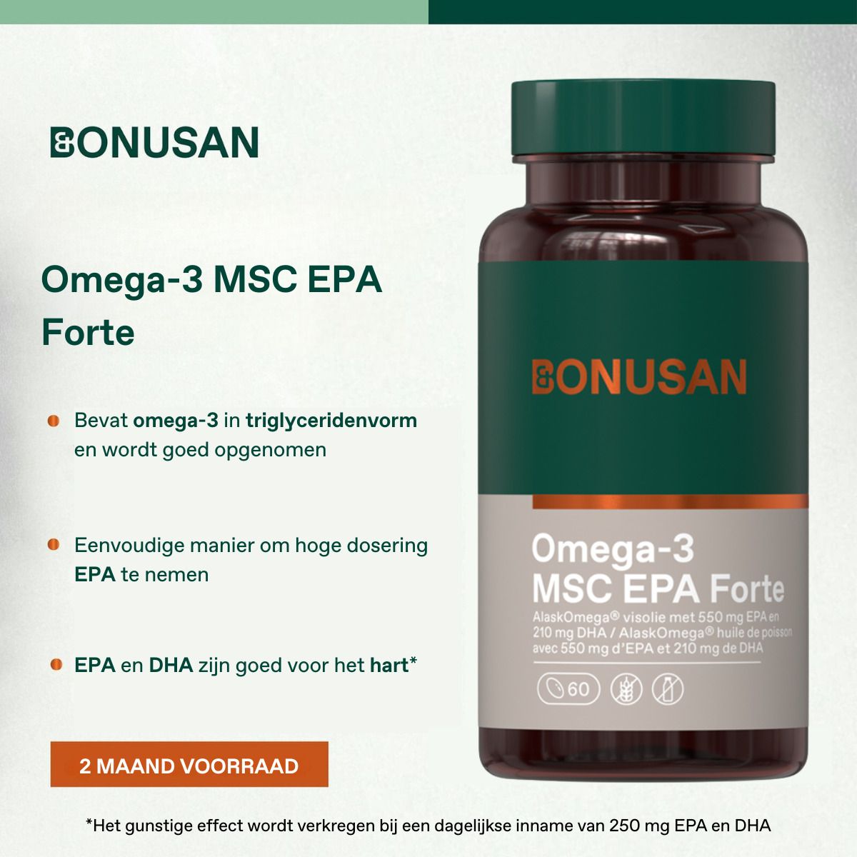 Grüne Flasche mit Kapseln. Aufschrift: Omega-3 MSC EPA Forte. Vorteile von EPA und DHA. 2 Monate Vorrat.