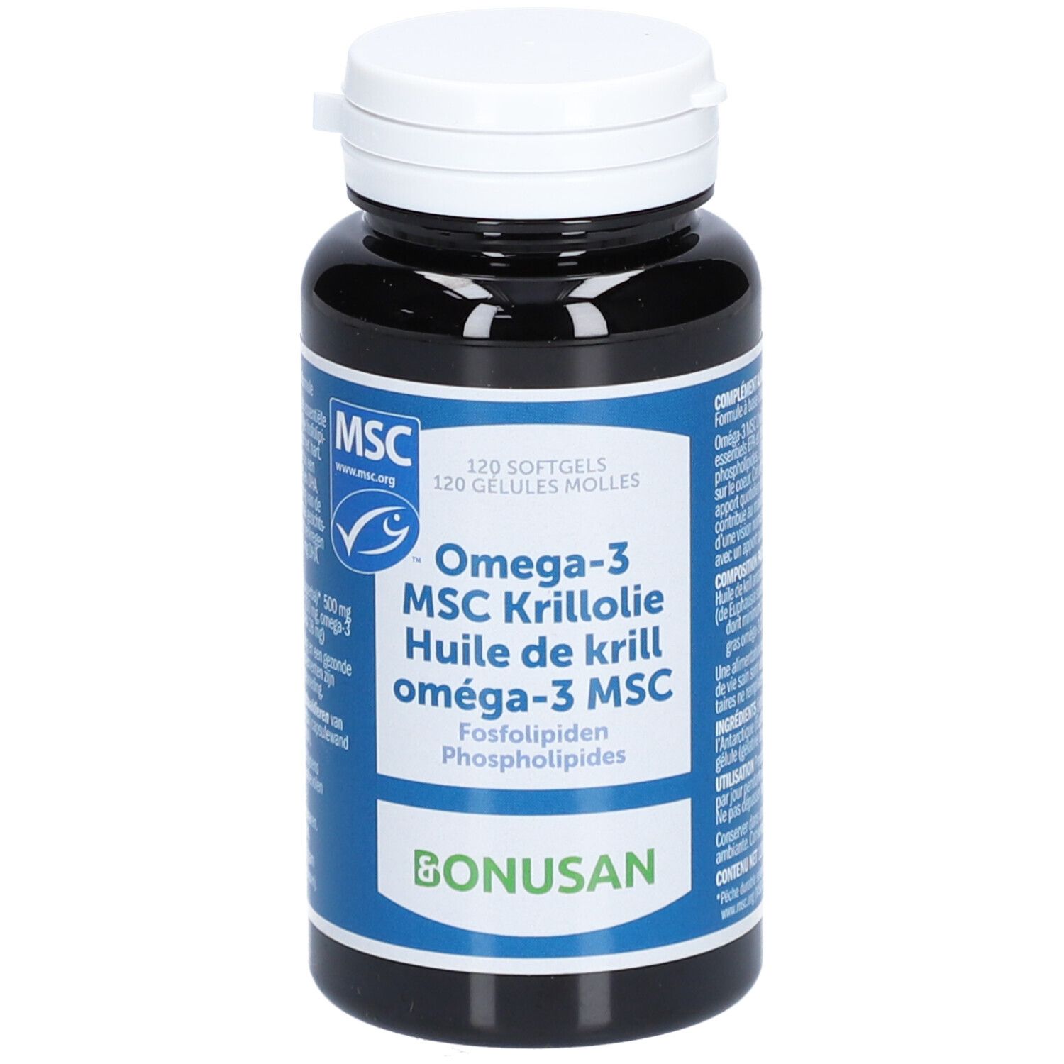 Dunkle Flasche mit weißem Deckel. Etikett mit Produktinformationen: Omega-3 MSC Krillöl, 120 Softgels. Marke: BONUSAN.