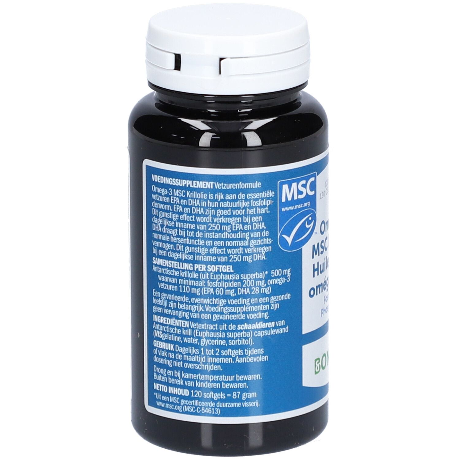 Dunkle Flasche mit weißem Deckel. Etikett mit Produktinformationen: Omega-3 MSC Krillöl, 120 Softgels. Marke: BONUSAN.